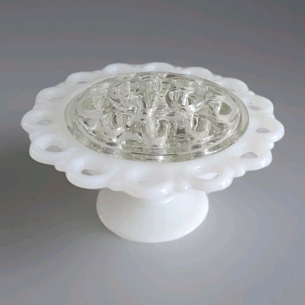 Anchor Hocking Lace Trim Milk Glass Bowl with Flower Frog Insert Vintage